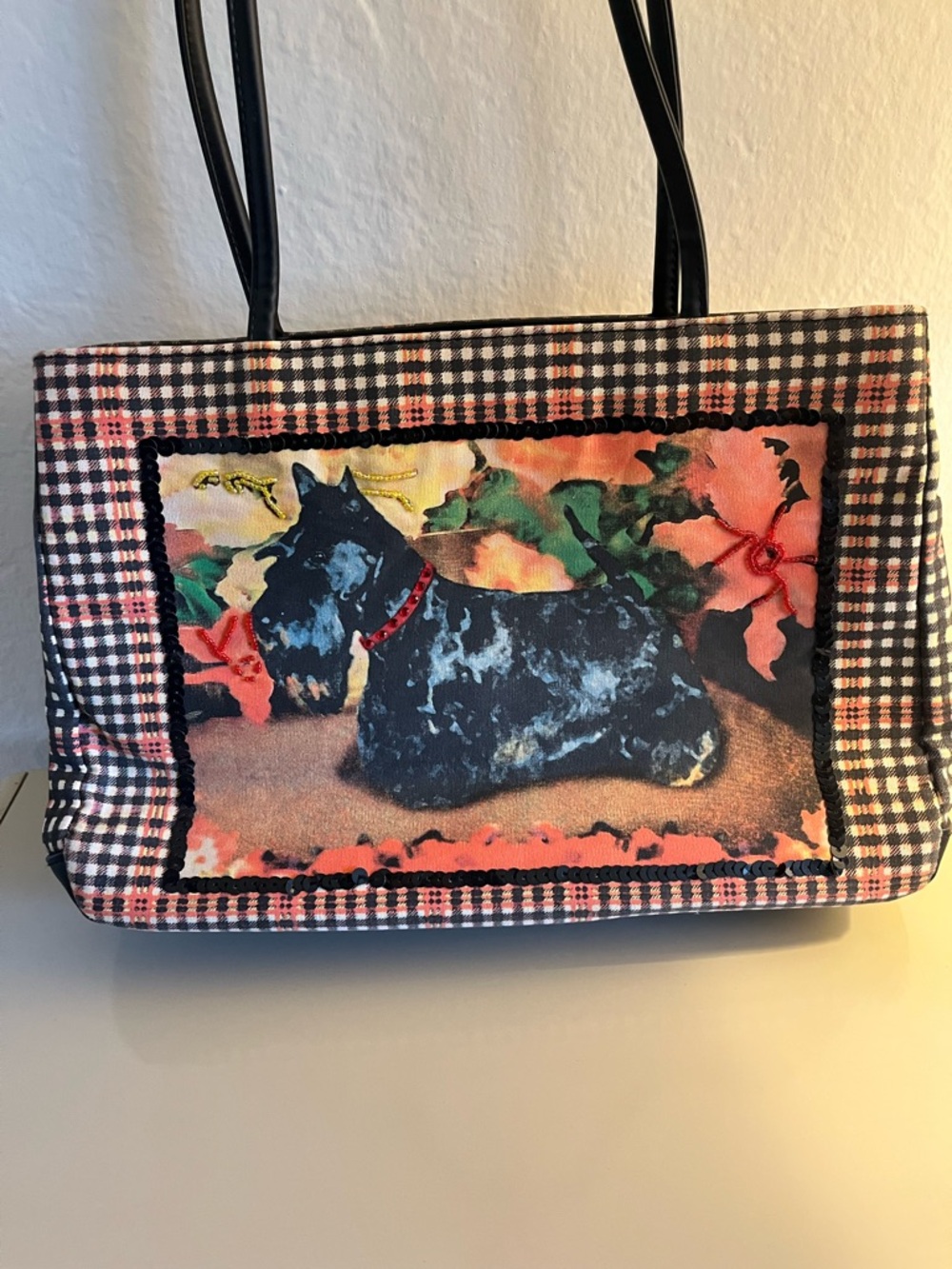 St Johns Bay Scottie Dog Print Pink & Black Check Tote Bag